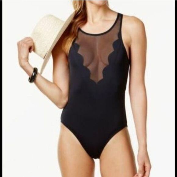 Vince Camuto Scalloped Mesh Inset Cut-Out Back One-Piece Swimsuit - Picture 1 of 12